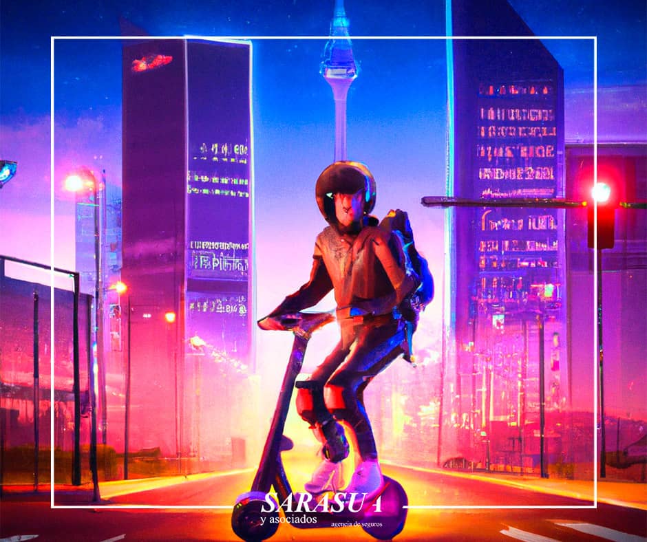 Un astronauta en patinete electrico en una ciudad del futuro